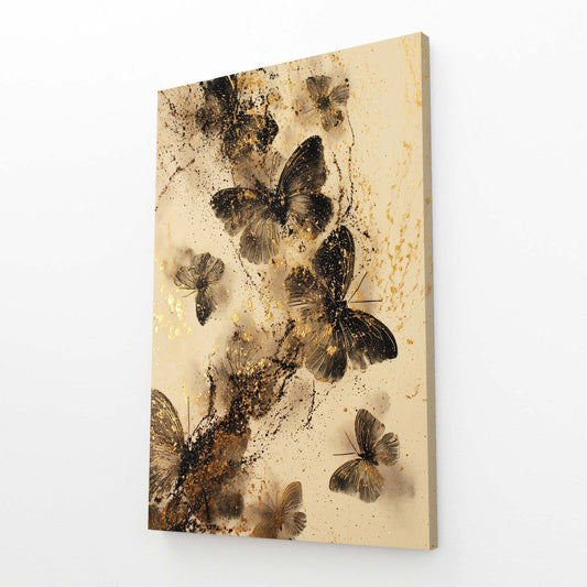 Sepia Butterfly Drift Gold Art – angled canvas view on white background