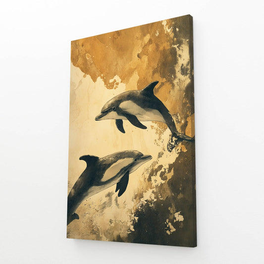 Sepia Gold Dolphin Art – angled canvas view on white background