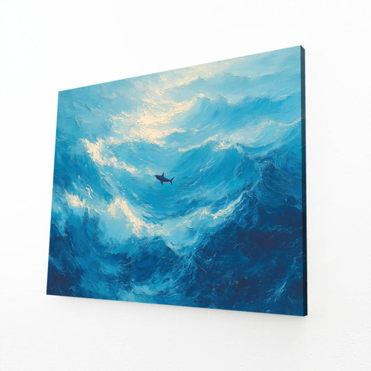 Serene Blue Sky Shark Wall Decor – angled canvas view on white background