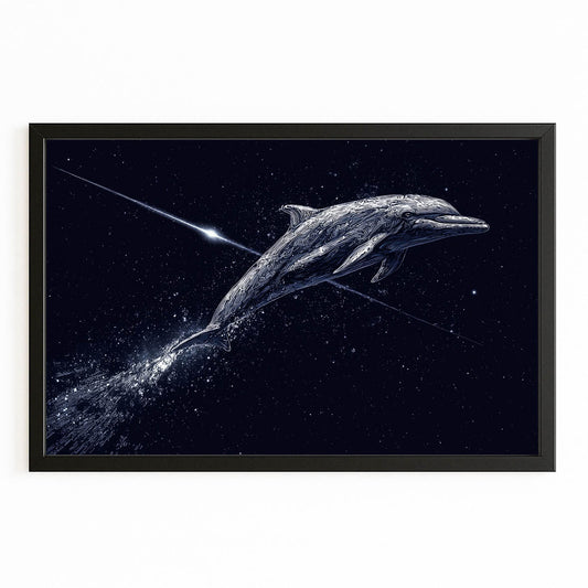Shooting Star Dolphin Wall Art – with Premium Black wood frame on white background