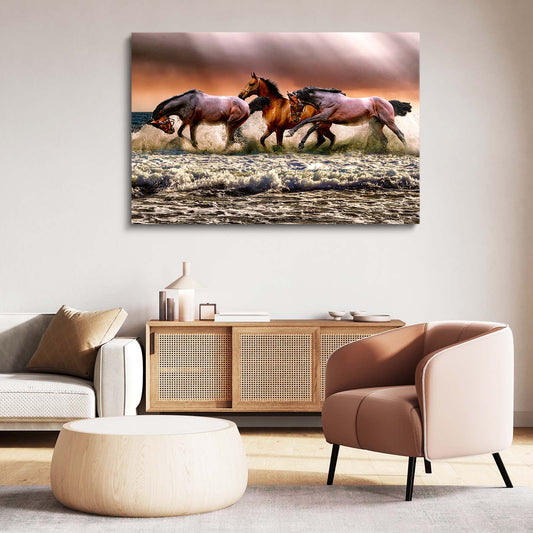 Shoreline Herd Run Horse Wall Art — photography canvas print, styled in a furnished interior