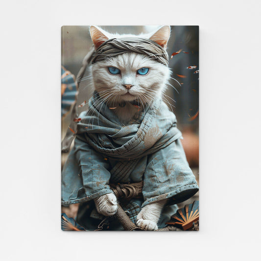 Silent Blade Cat Art — anime canvas print in brown tones, angled canvas view on white background