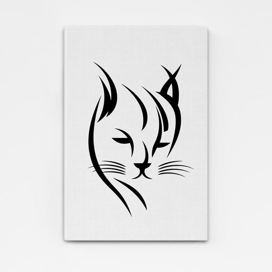 Silhouette Cat Wall Art — black and white canvas print in white tones, angled canvas view on white background