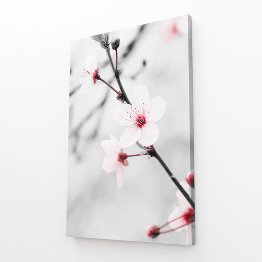 Silver Branch Macro Cherry Blossom Canvas – angled canvas view on white background
