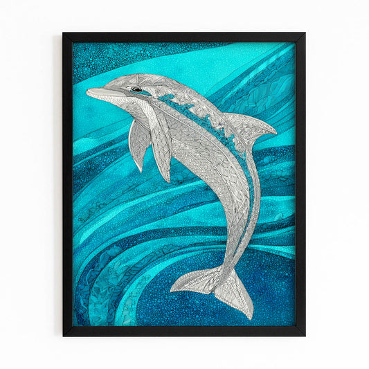 Silver Glitter Dolphin Art – with Premium Black wood frame on white background