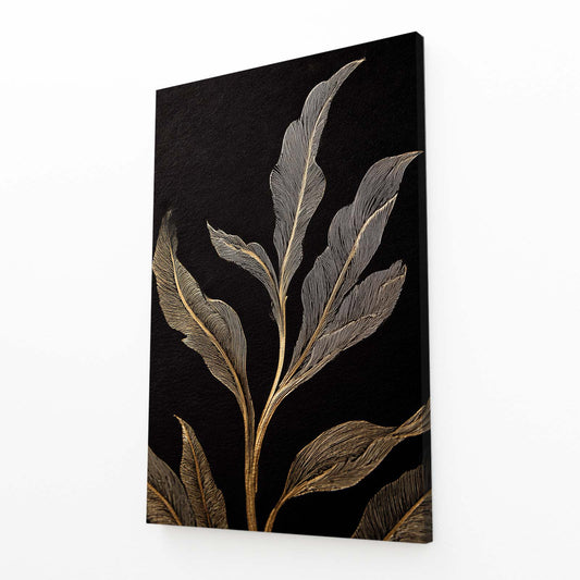 Silvered Leaf Branch Gold Canvas Art – angled canvas view on white background