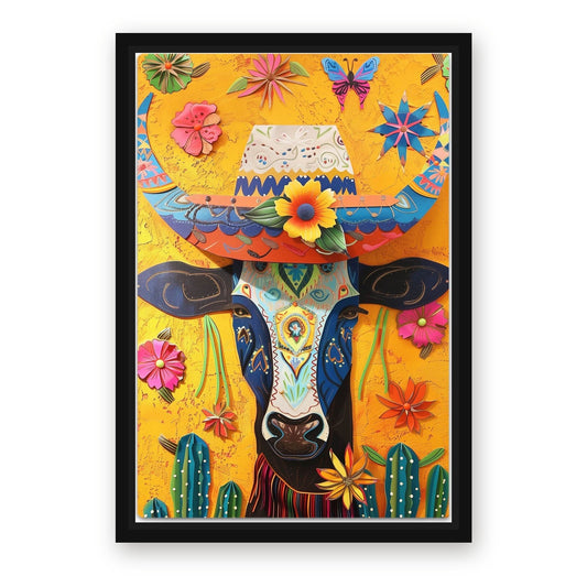 Skull Mexican Cow Artwork – with Premium Black wood frame