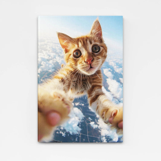 Sky Selfie Cat Wall Art – angled canvas view on white background