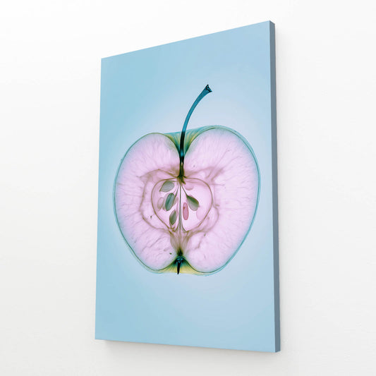 Sliced Blue Pastel Apple Art – angled canvas view on white background
