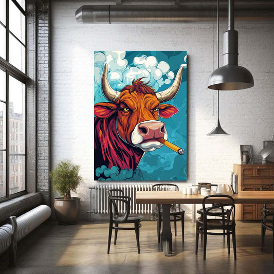 Smoking Cow Artwork – angled canvas view on white background