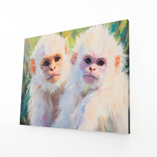 Snow White Pair Monkey Wall Decor – angled canvas view on white background
