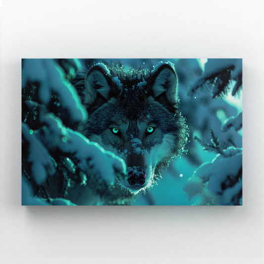 Snow Wolf Wall Artwork — photography canvas print in blue tones