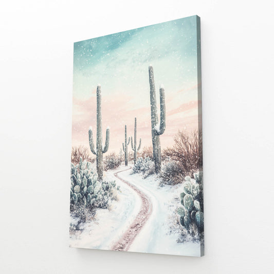 Snowy Desert Trail Cactus Wall Decor – angled canvas view on white background