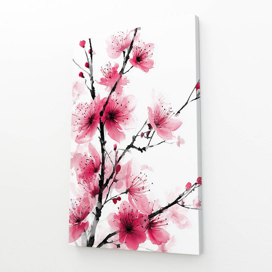 Soft Pink Sprig Cherry Blossom Wall Art – angled canvas view on white background