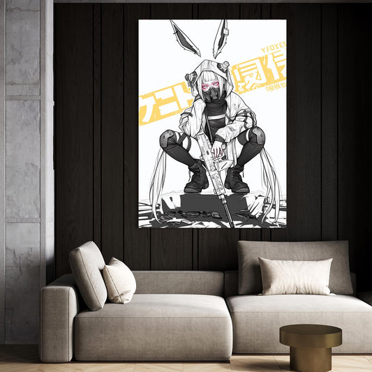 Soldier Cyberpunk Bunny Wall Art – angled canvas view on white background