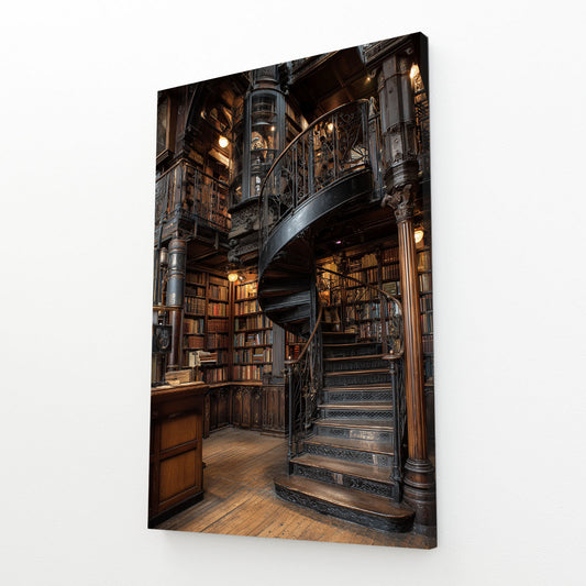 Spiral Library Staircase Steampunk Canvas – angled canvas view on white background