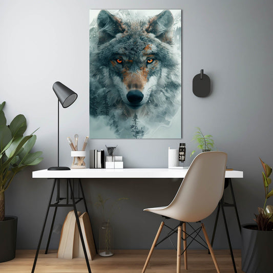 Spiritual Wolf Wall Art — black and white canvas print in blue tones, view 3