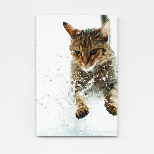 Splash Hunter Cat Art – angled canvas view on white background