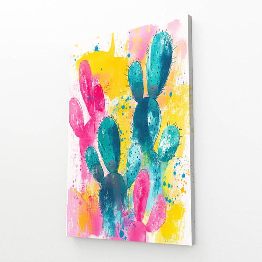 Splash Pink Bloom Cactus Prints – angled canvas view on white background