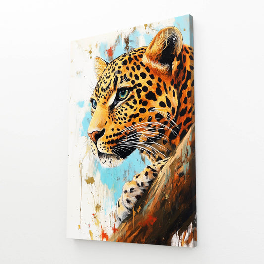 Splashed Teal Portrait Leopard Wall Art – angled canvas view on white background