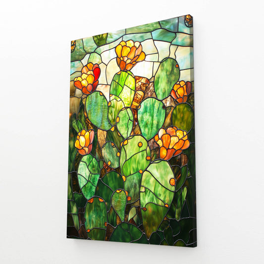 Stained Glass Blooms Cactus Wall Decor – angled canvas view on white background