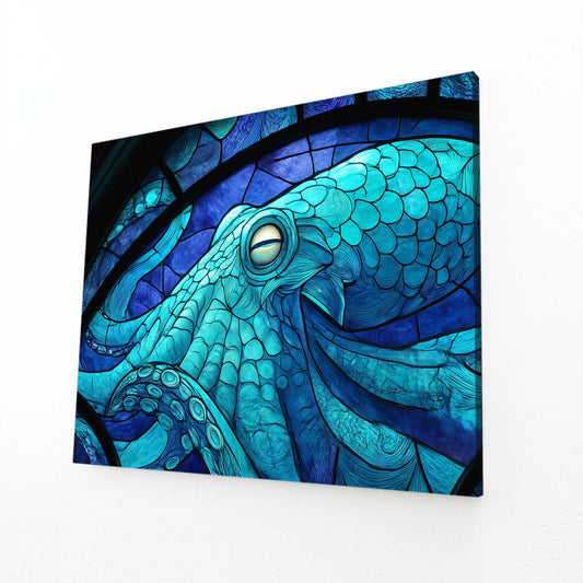Stained Glass Teal Octopus Canvas – angled canvas view on white background