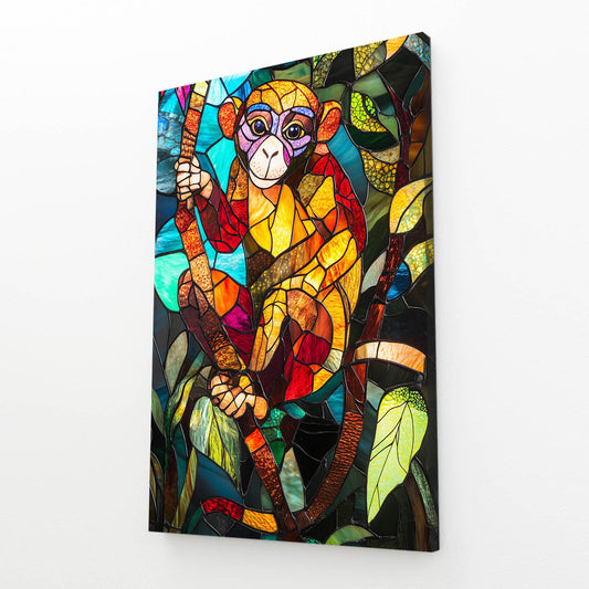 Stained Glass Vines Monkey Canvas Art – angled canvas view on white background