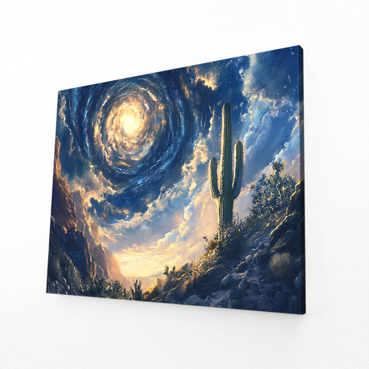 Starry Swirl Sky Cactus Canvas Art — contemporary canvas print, angled canvas view on white background