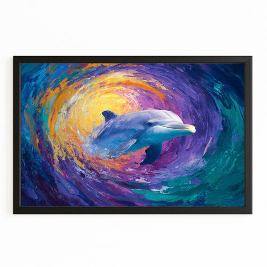 Starry Vortex Dolphin Canvas – with Premium Black wood frame on white background