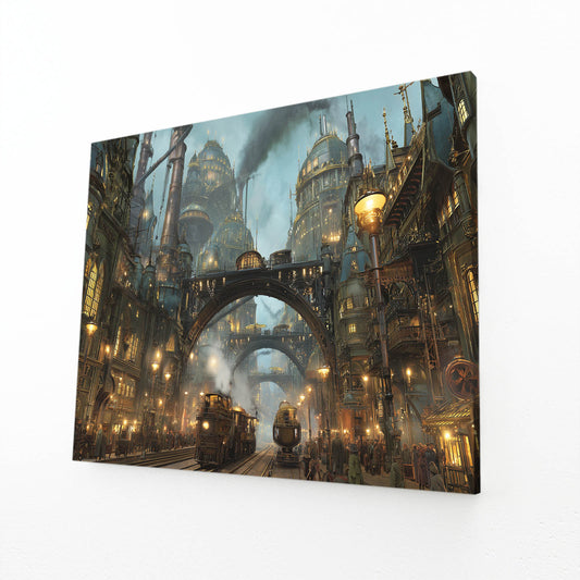 Steam City Bazaar Steampunk Prints – angled canvas view on white background