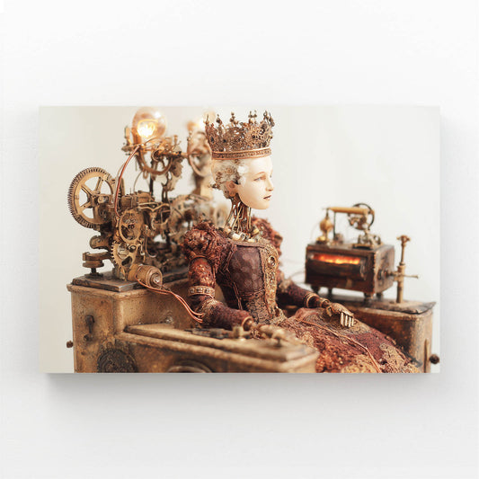 Steam Desk Diorama Steampunk Wall Art – angled canvas view on white background