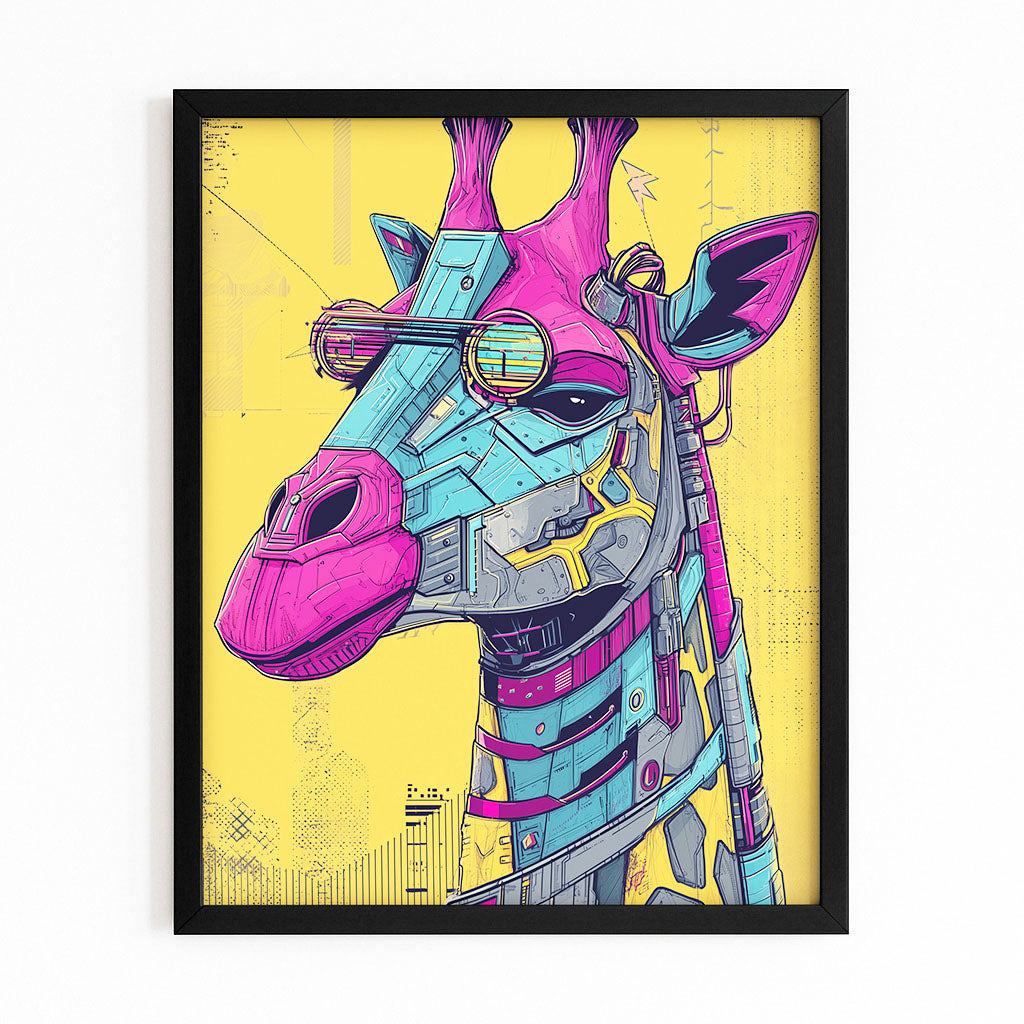 Framed artwork of a stylized giraffe with mechanical elements on a yellow background