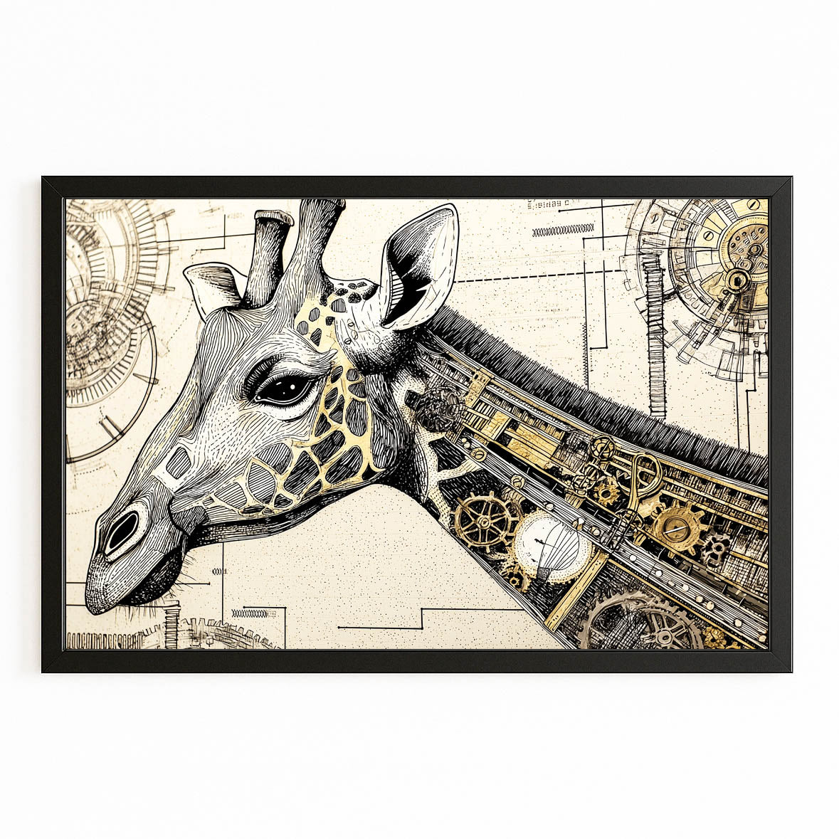 Giraffe head with mechanical gears on a technical drawing background