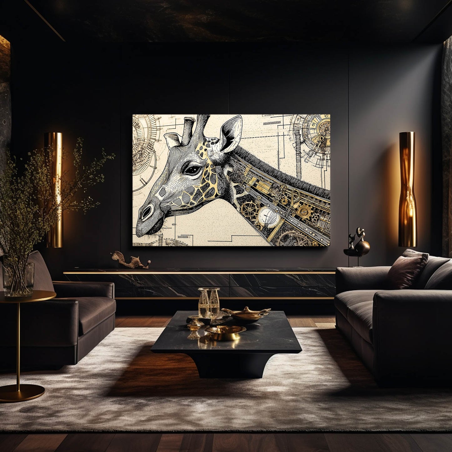 Modern living room with a giraffe painting on the wall, dark furniture, and decorative elements.