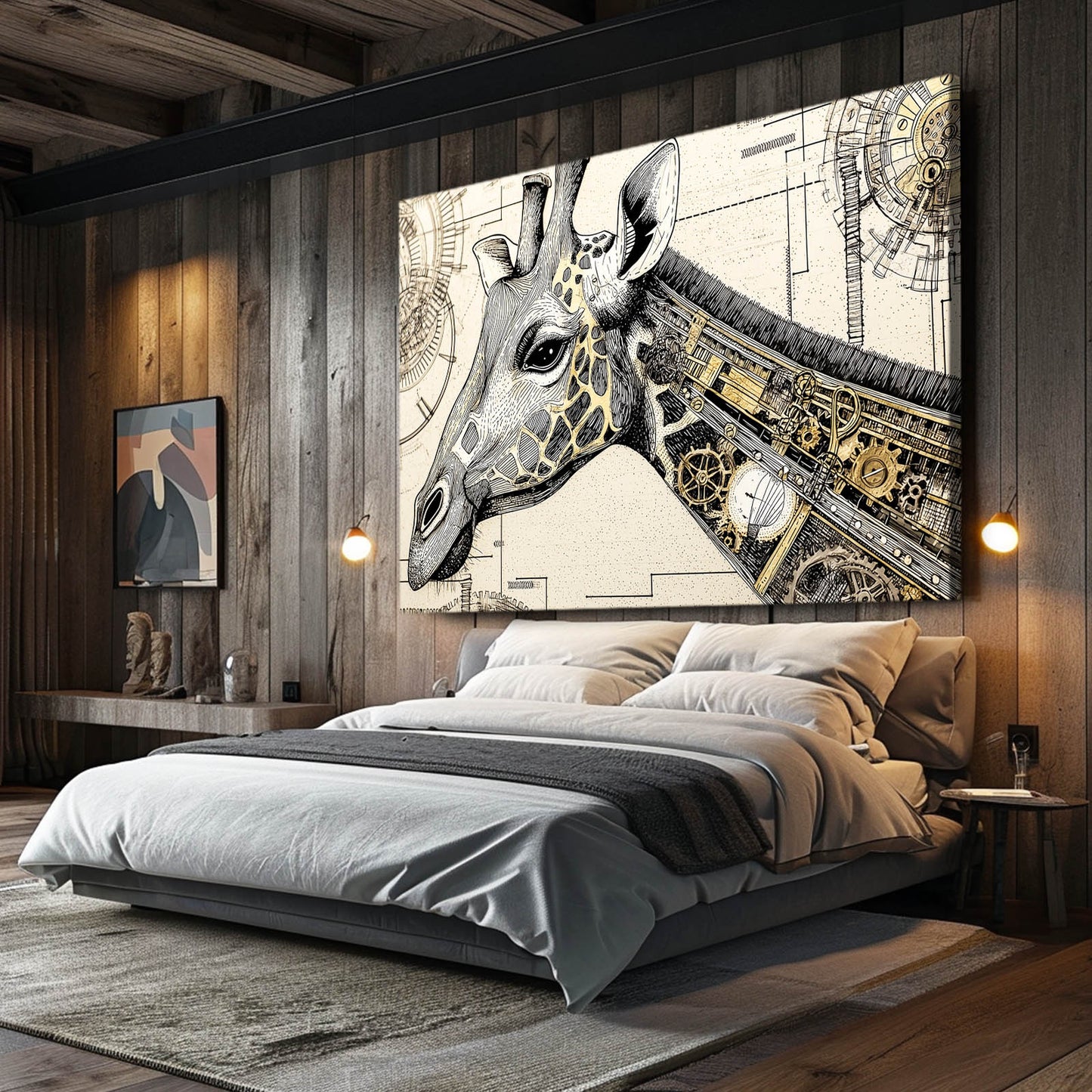 Modern bedroom with a large mechanical giraffe artwork on the wall.