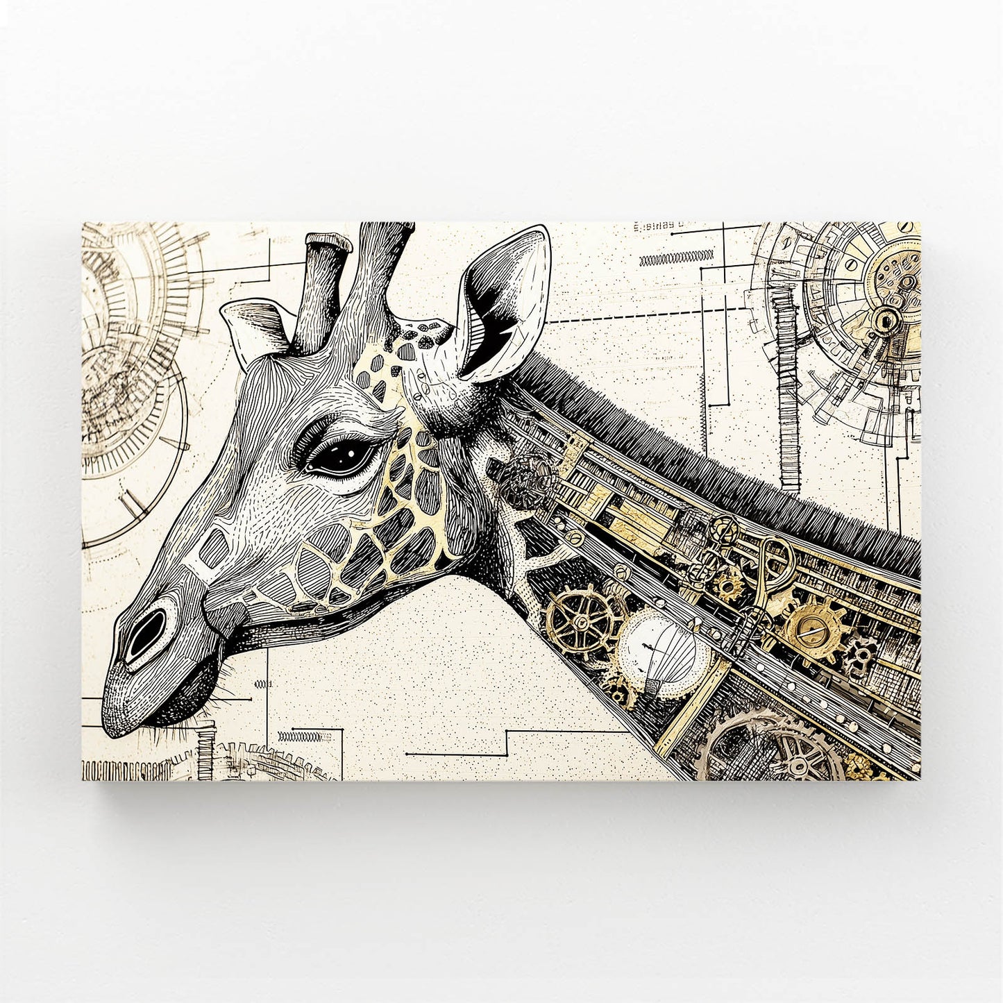 Giraffe head with mechanical elements on a technical drawing background