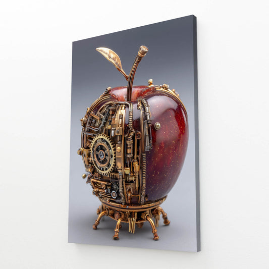 Steampunk Mechanical Apple Wall Decor – angled canvas view on white background