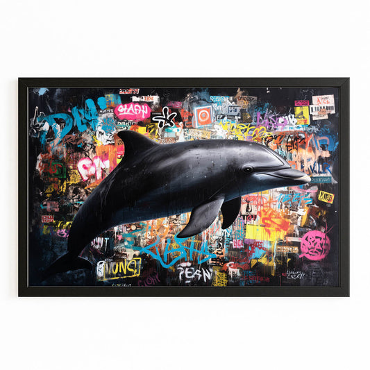 Sticker Wall Dolphin Art – with Premium Black wood frame on white background