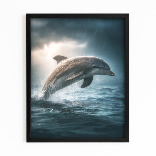 Storm Light Dolphin Canvas – with Premium Black wood frame on white background