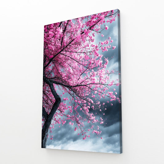 Stormy Sky Tree Cherry Blossom Wall Art – angled canvas view on white background