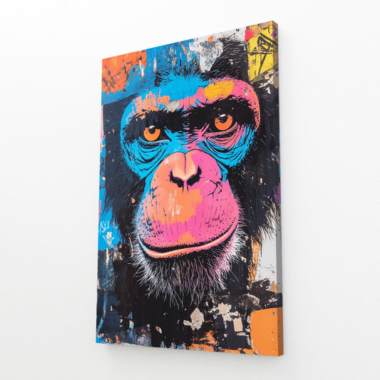 Street Art Blue Face Monkey Canvas Art – angled canvas view on white background