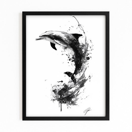 Sumi Ink Dolphin Art – with Premium Black wood frame on white background
