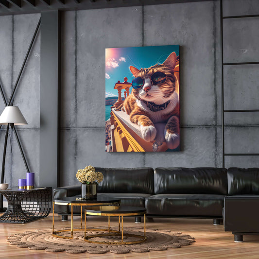 Summer Vibes Cat Art — contemporary canvas print in blue tones, view 3