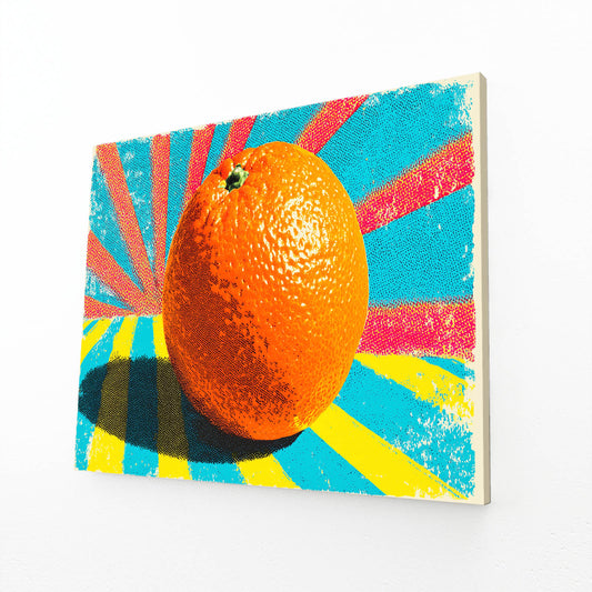 Sunburst Pop Orange Fruit Art – angled canvas view on white background