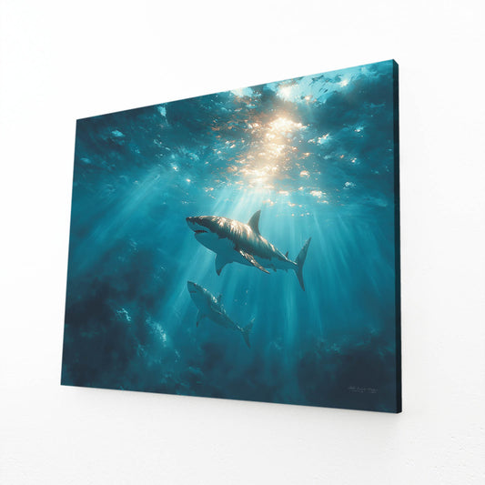 Sunlit Deep Ocean Shark Wall Art – angled canvas view on white background