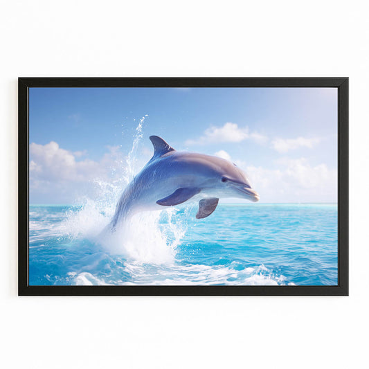 Sunny Leap Dolphin Print – with Premium Black wood frame on white background