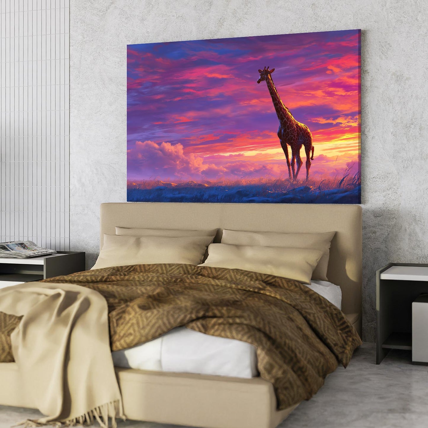 Bedroom with a large painting of a giraffe against a colorful sky above the bed.