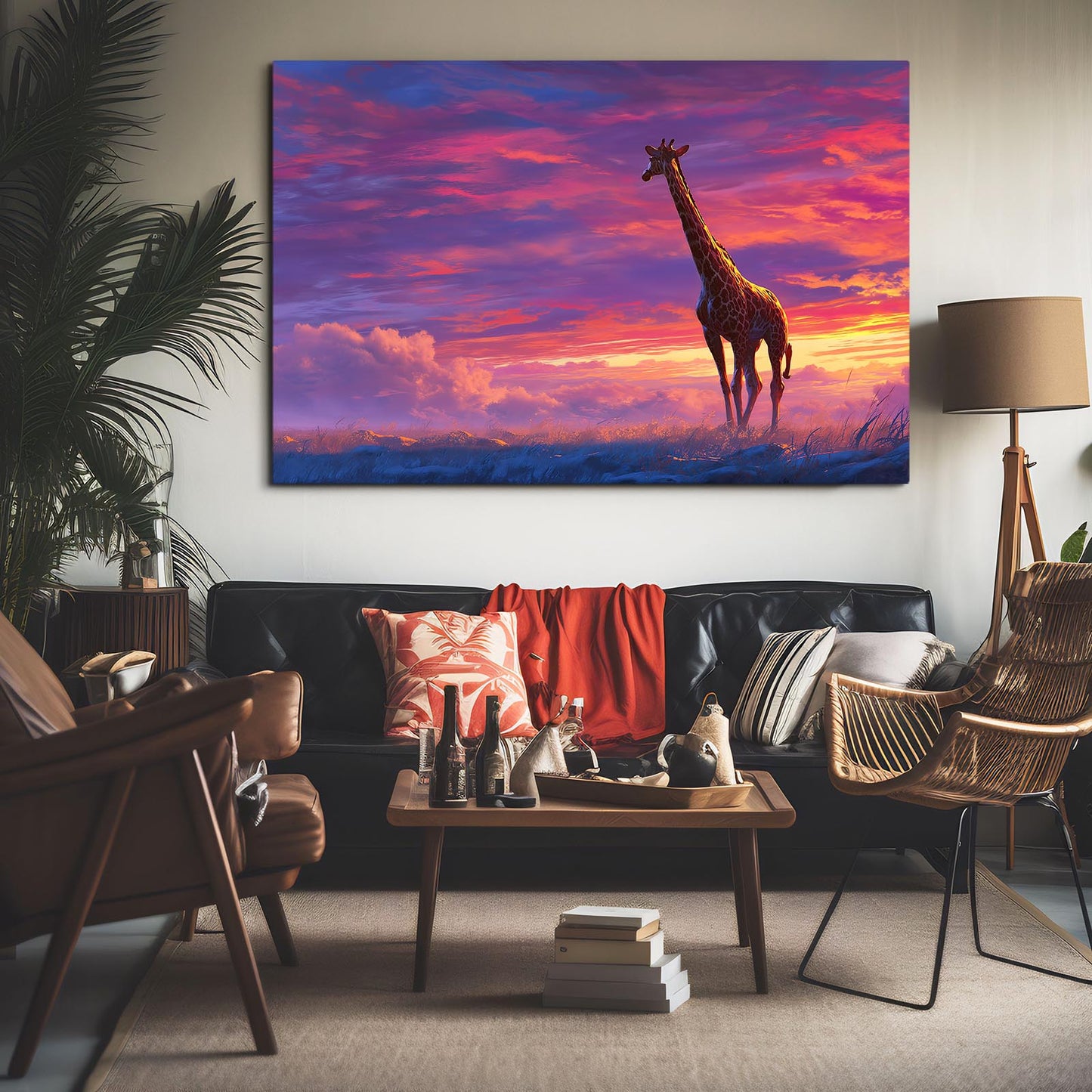 Living room with a large painting of a giraffe against a colorful sky, surrounded by furniture and decor.