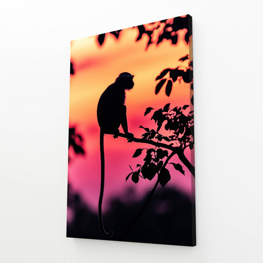 Sunset Branch Silhouette Monkey Canvas – angled canvas view on white background