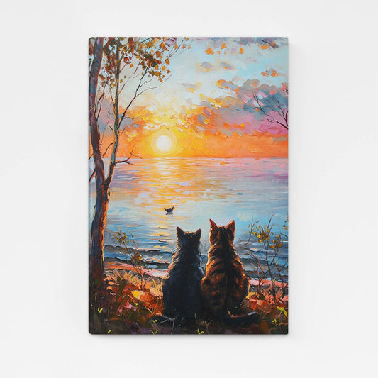 Sunset Companions Cat Art — landscape canvas print in orange tones, angled canvas view on white background